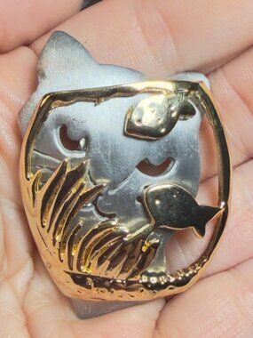 Ultracraft Cat Fish Bowl Brooch Upcycled OOAK Mixed Metal Design